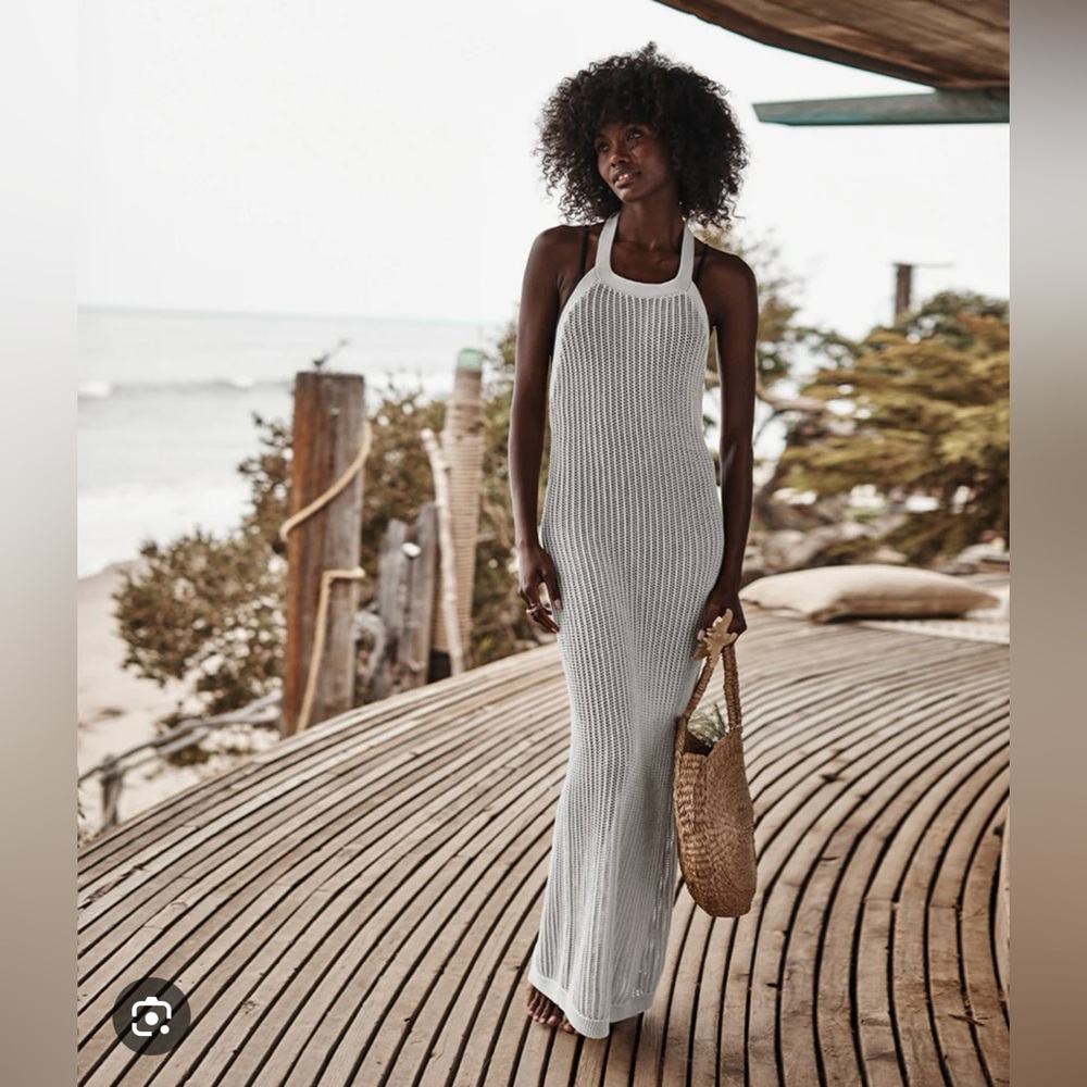 Summersalt Crochet Halter Dress in White Sand